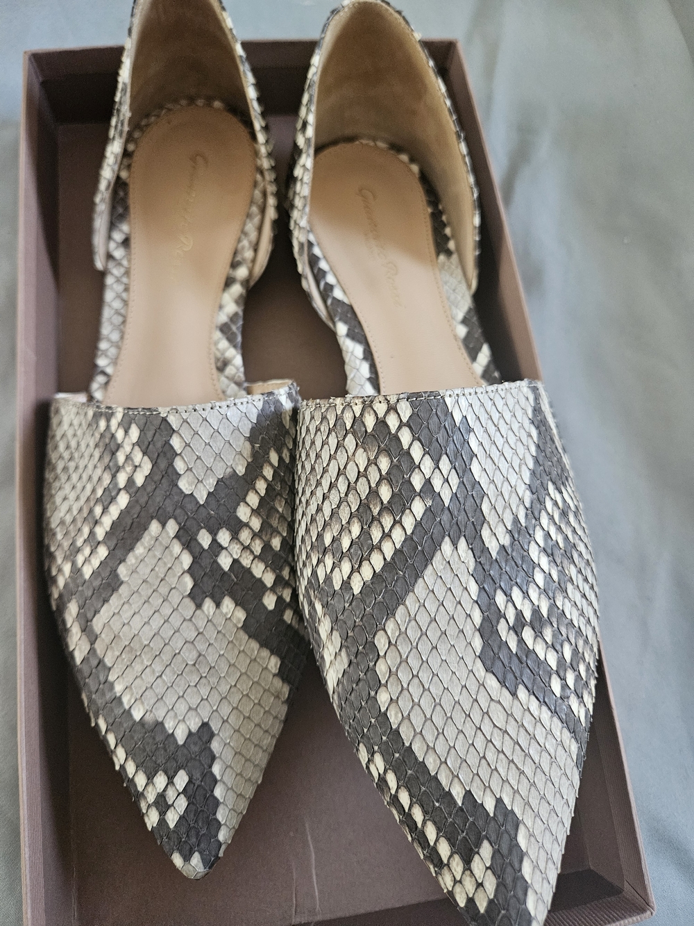 Gianvitto Rossi Pointed Snake-Print  Flats in Neutral Gray and Cream